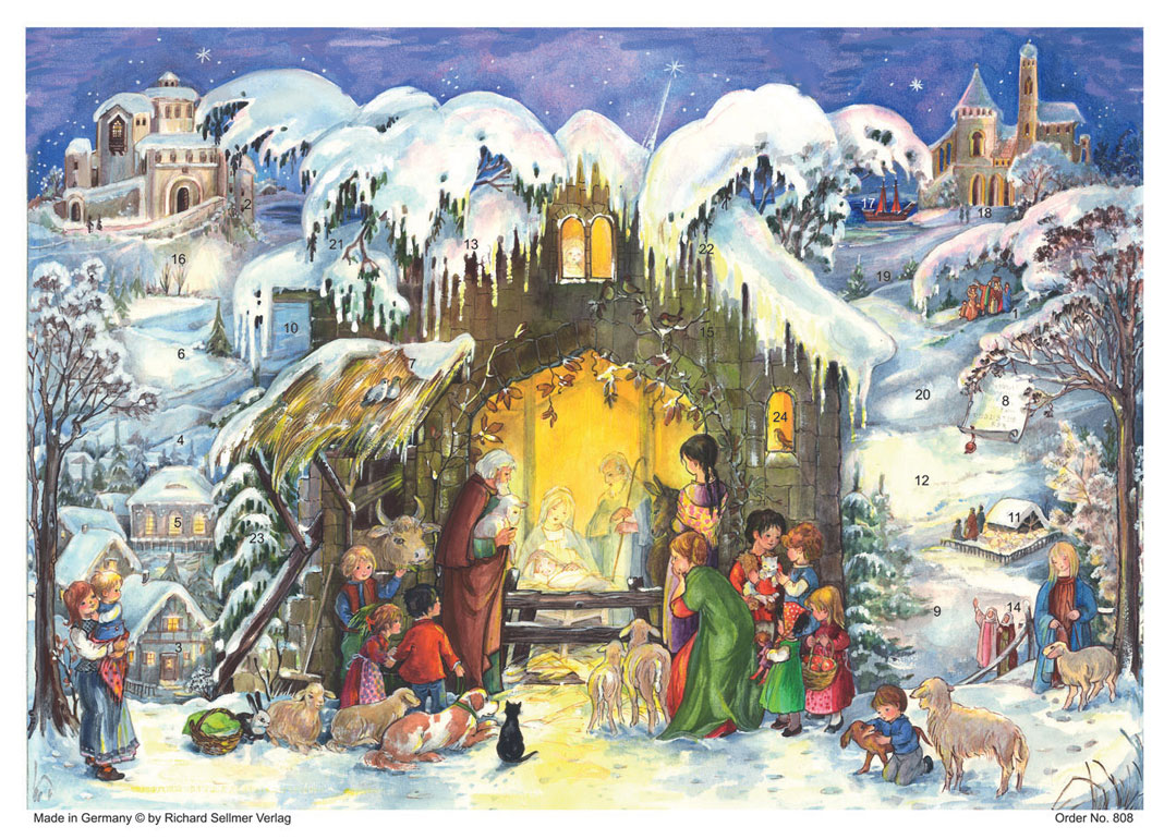 Nostalgische Weihnachtskarte Stall mit Tieren und Kinder Sellmer Verlag